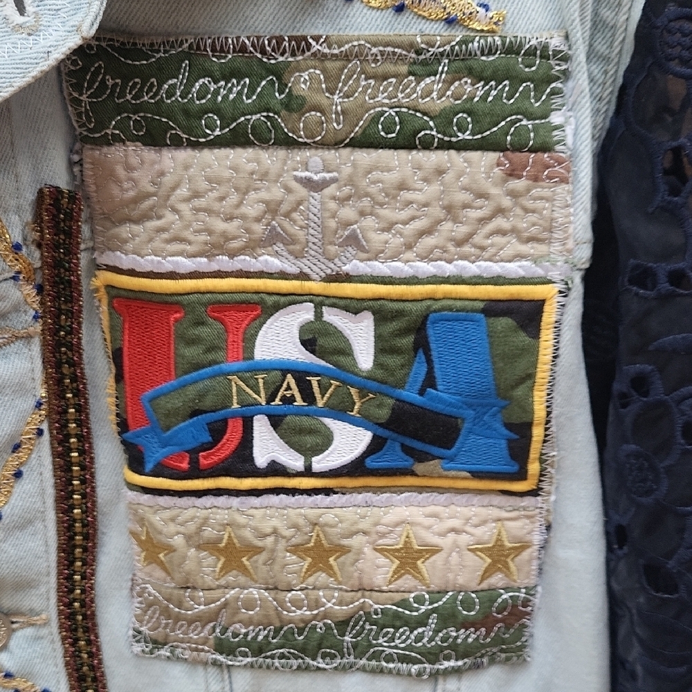 Embroidered Denim Jacket with Navy Lace Sleeves - Picture 5 of 6